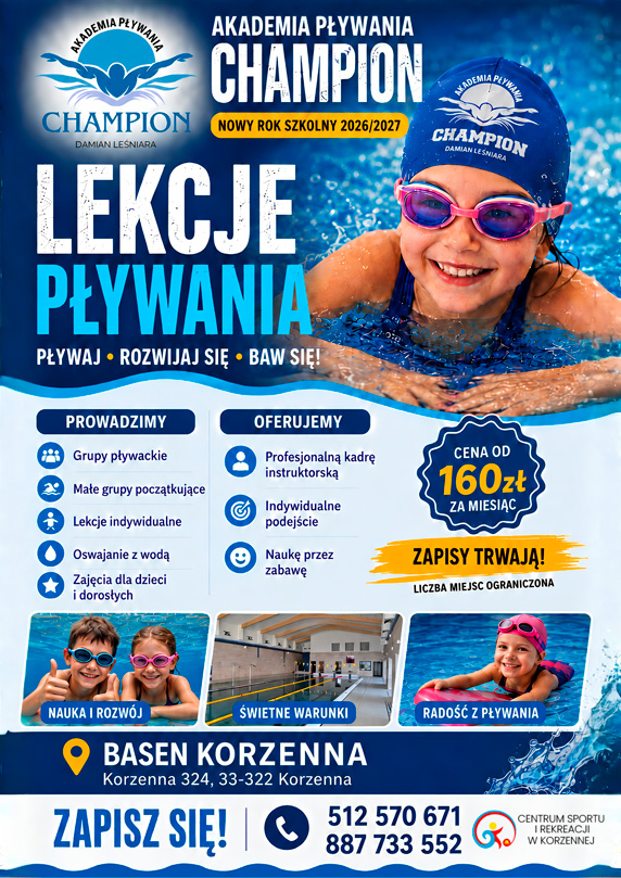 Zapisy dzieci do szkoły pływania CHAMPION w Korzennej